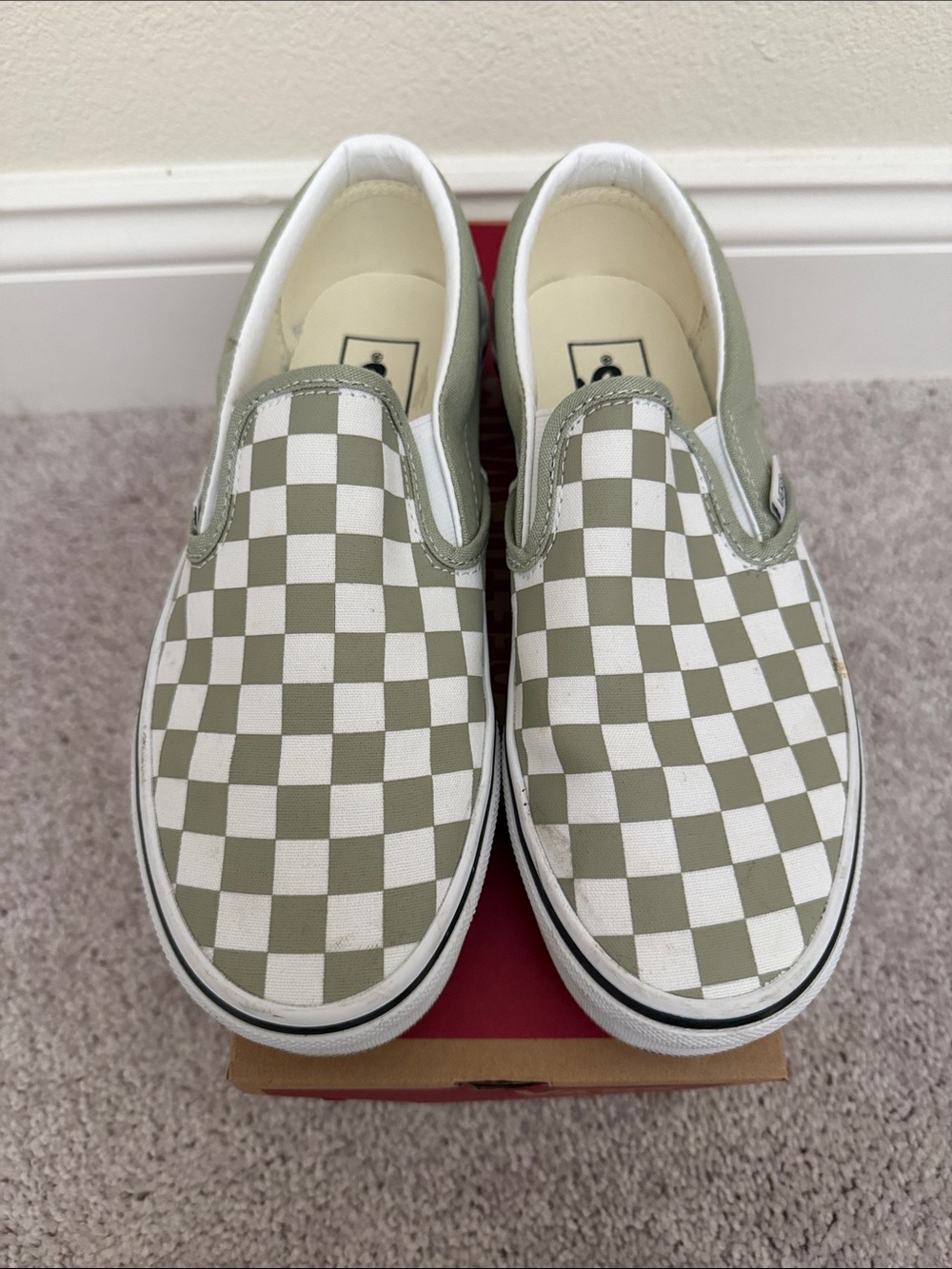 Vans Slip-On Checkerboard Shoes - Olive and White